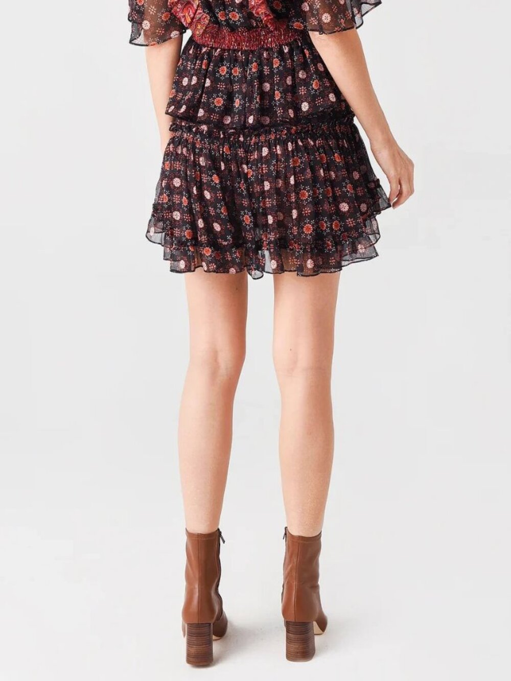 MISA LA. Marion Mini Ruffle Skirt in Black Onyx Medallion Chiffon - Picture 3 of 8